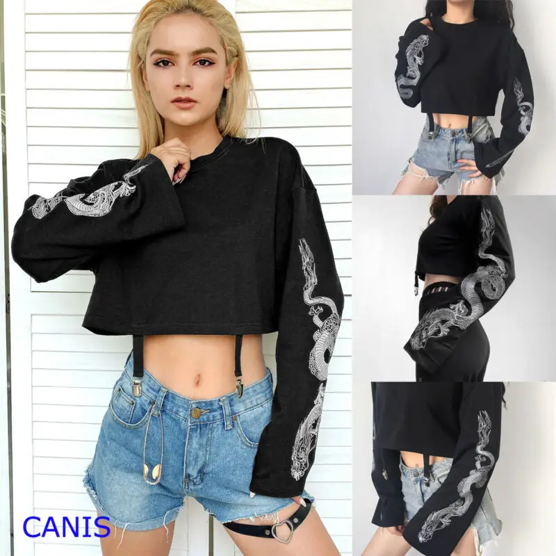 Women Long Sleeve Sweatshirt Jumper Crop Top Printing Pullover Tops