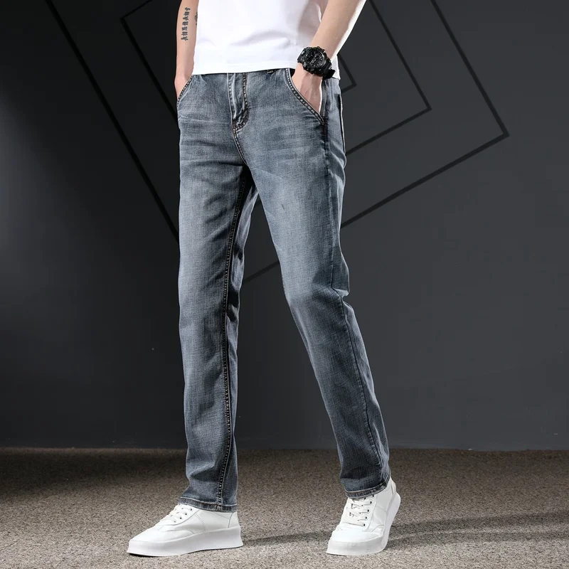 Men\'s Jeans Trousers Straight Cut Spring and Summer Stretch Men Denim Pants Streetwear Zipper Pockets Business Casual Quality