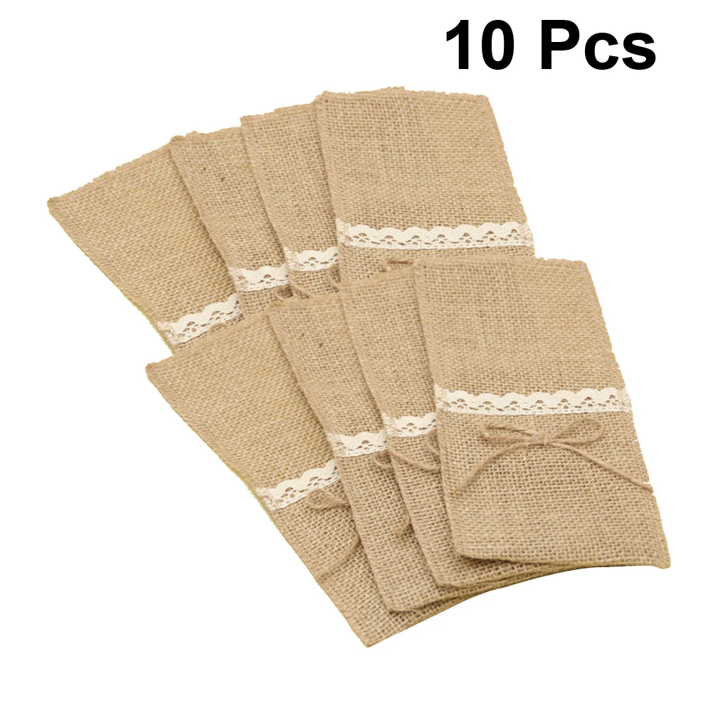 10pcs Burlap Jute Lace Cutlery Pocket Tablecloths Bag For Knives Forks Utensils Holder Vintage Rustic Cutlery Holder