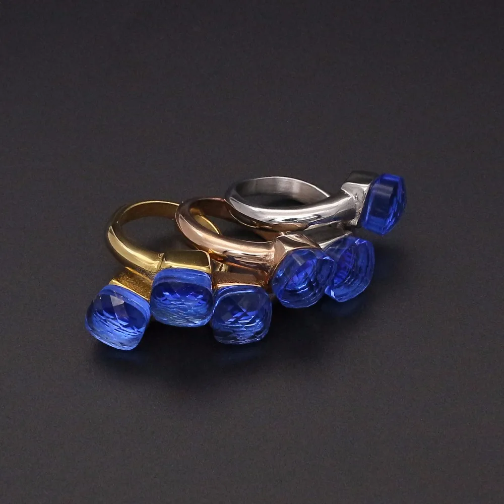 JSBAO Rose Gold /Steel/Gold Colour Stainless Steel Double Dark Blue Glass Ring For Women Size 6-10 Female Ring Jewelry