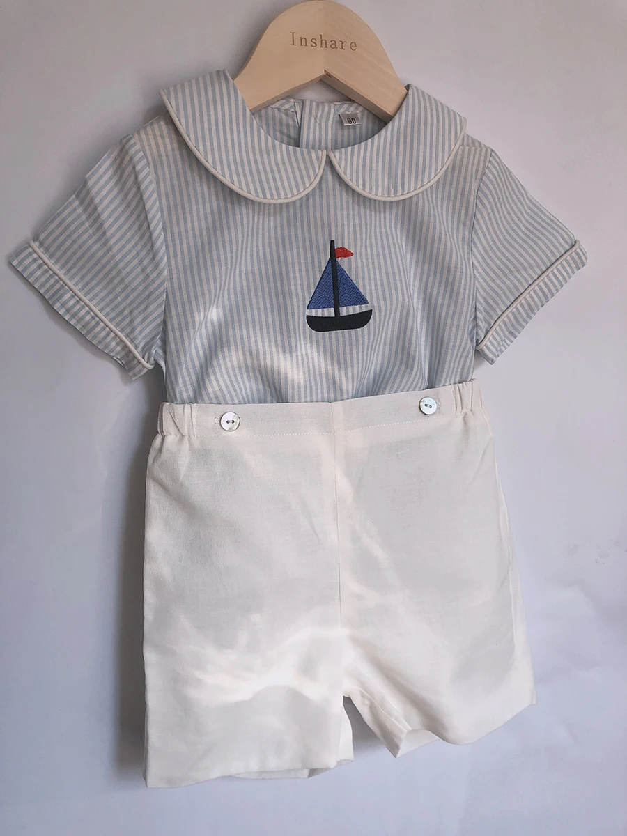 Children Boutique Clothing Set Toddler Boy 2Pcs British Style Short Sleeves Cotton Linen Striped Sailboat Embroidered Suit