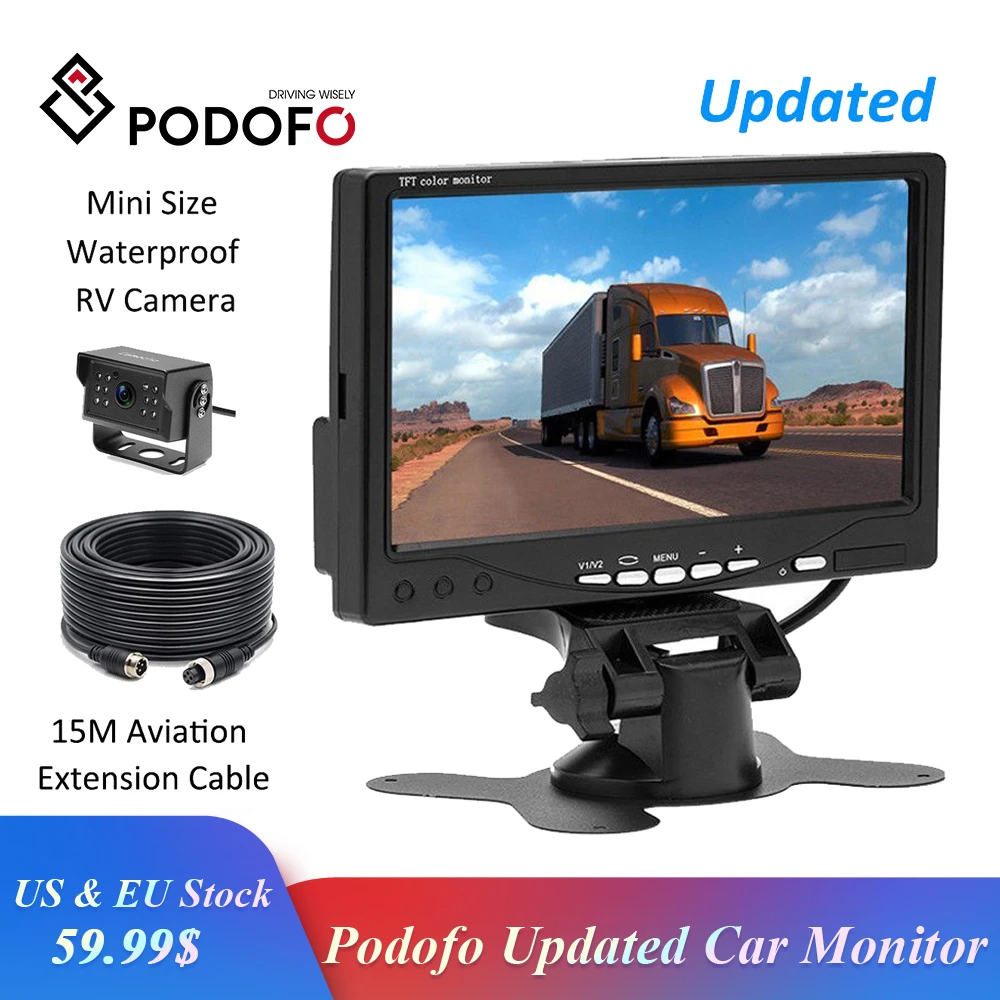 

Podofo DC 12-24V Car Monitor 7 Inch HD Display LCD Color Monitors For Trucks Bus RV Trailer Reverse Rear View Backup Camera