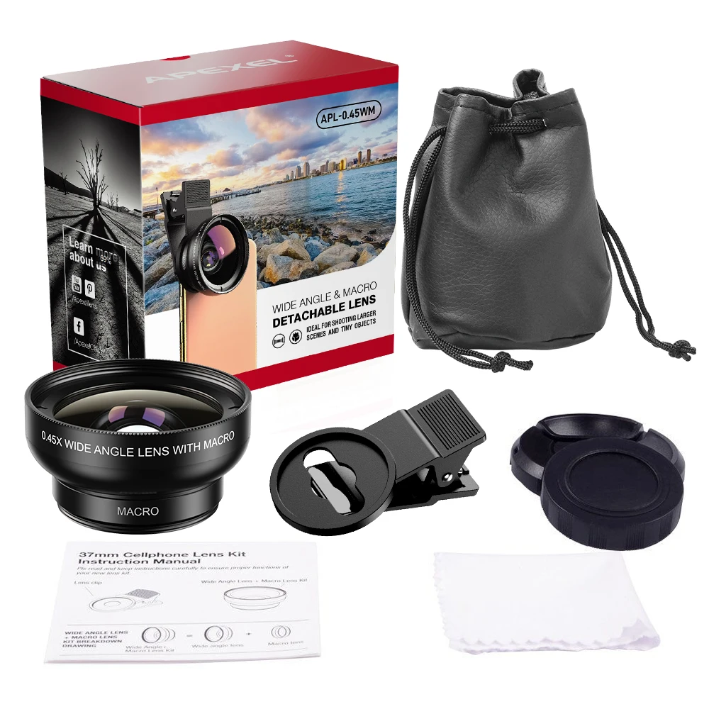 APEXEL 2 in 1 Phone Camera Lens kit 0.45x  Wide Angle & 12.5x  Macro Lens HD Camera Lentes for iphone ios android smartphones