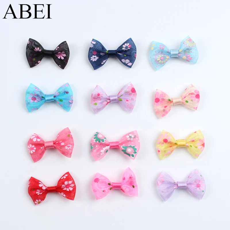 50pcs Mix Colors Organza Ribbon Bows DIY Flower Printing Ribbon Bow For Clothes Bags Hair Bows Ornaments Handmade Crafts