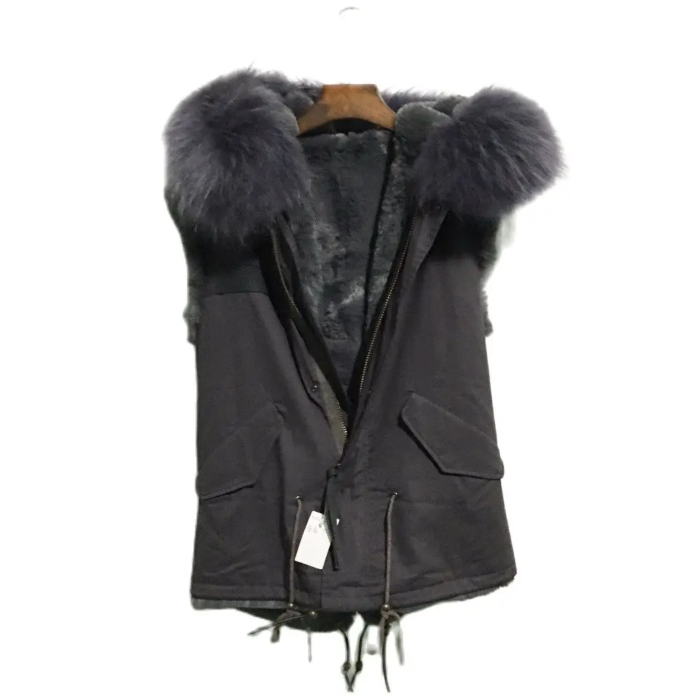 Grey Cotton Shell Fur Vest Ladies Winter&Autumn Design Fur Collar Waistcoat Thickness Fake Fur Wear