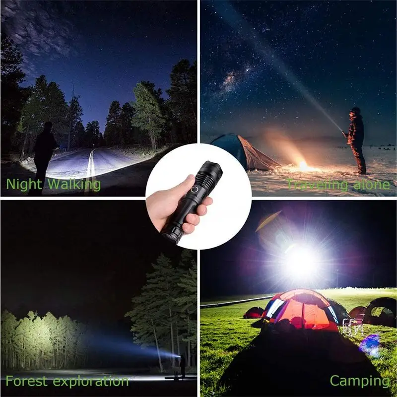 XHP-50 LED Flashlight Indicator Zoom Tactical Light USB Rechargeable Flashlight Powerful 10w 5-Mode Lantern For Camping Hunting