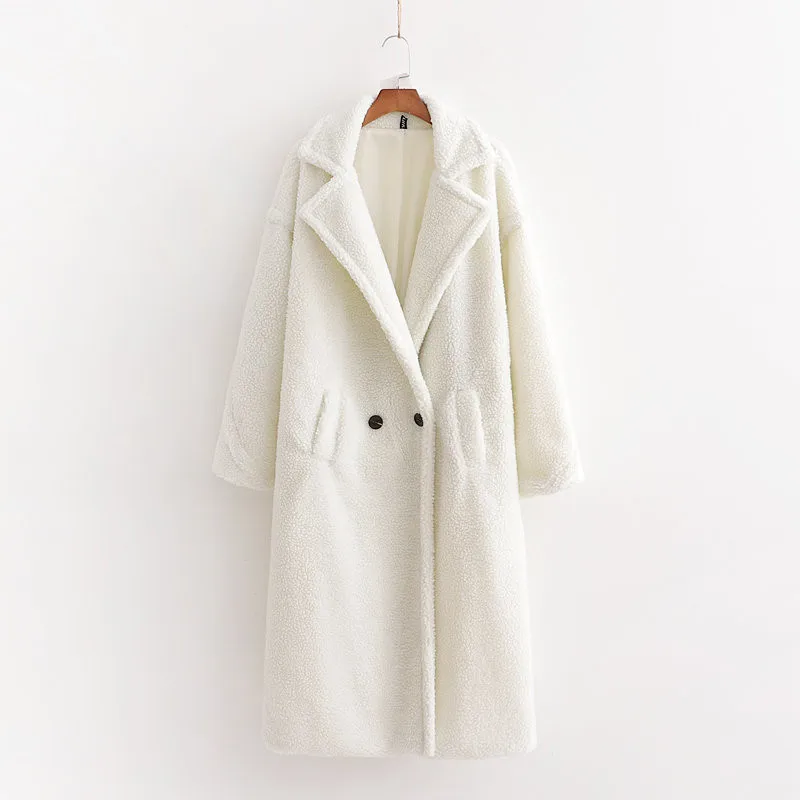 

Evfer Women Fashion Teddy Cashmere White Loose Outwear Female Elegant Double Breasted Winter Warm Long Coats Ladies Thick Jacket