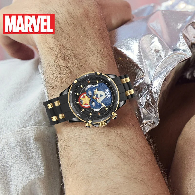 Marvel For Mens Watches Avengers Captain America Quartz New Casual Wristwatch 3D Stereo Dial Coated Glass Multiple Time Zone 50m