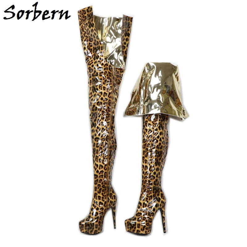 Sorbern Leopard Shiny Crotch Thigh High Boots Over The Knee Women Shoes High Heel Platform Custom Wide Slim Fit Boots Ladyboy