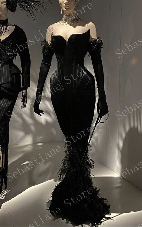 Velvet Black Mermaid Elegant Prom Dress Luxury Sweetheart Feathers Women Fashion Long Evening Pageant Gowns Plus Size Customized