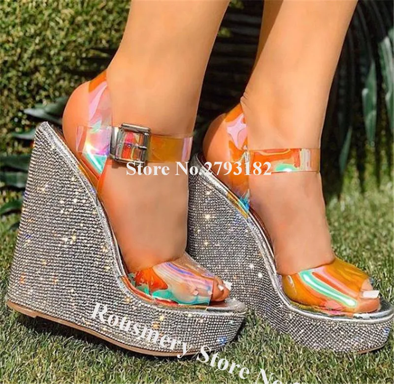 

Women Shining Peep Toe PVC High Platform Rhinestone Wedge Sandals Bling Bling Crystal Wedges Height Increased High Heel Sandals