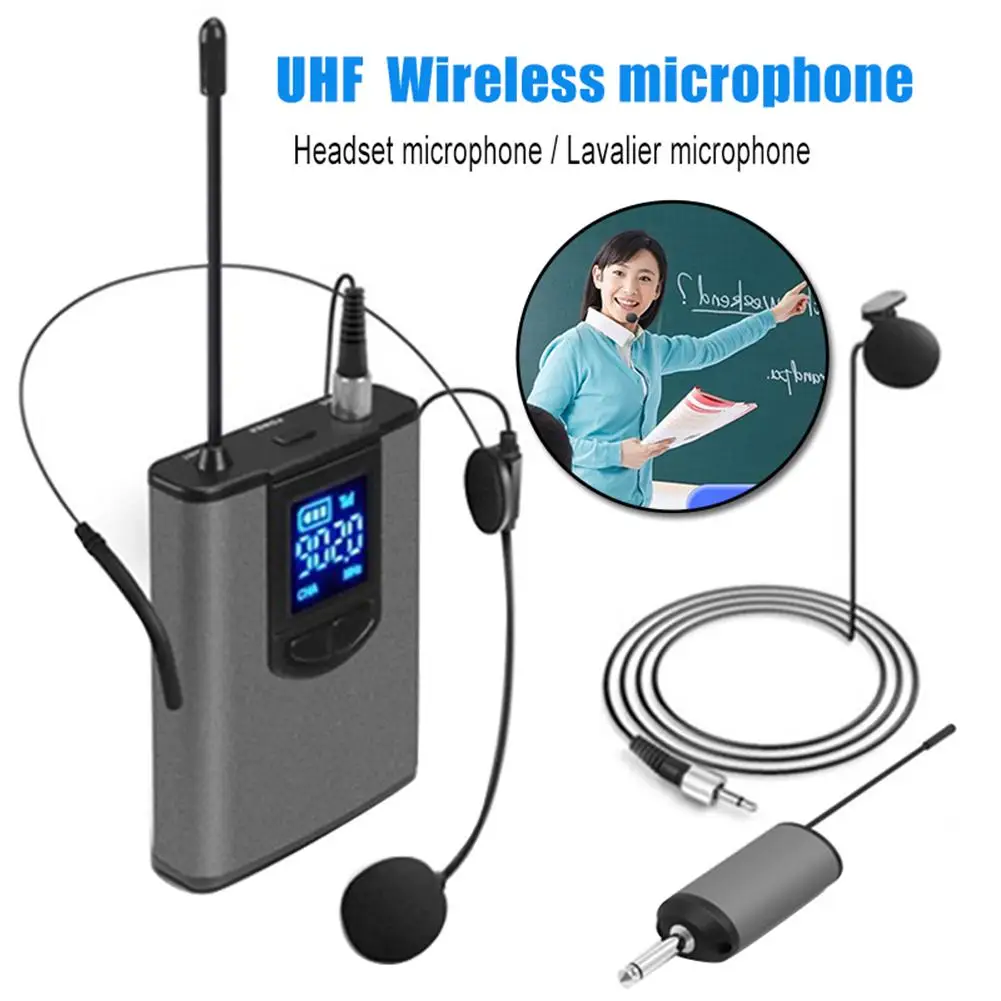 UHF Wireless Microphone Lavalier Headworn With Bodypack Transmitter Rechargeable Receiver 1/4\