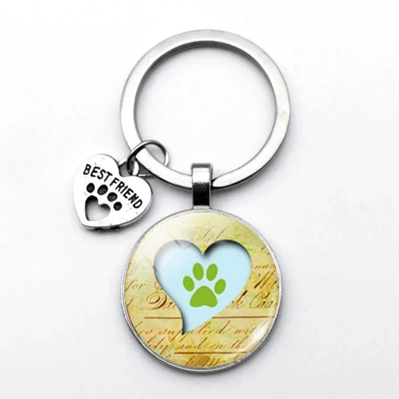 2021 Fashionable And Cute Animal Paw Print Keychain For Cats And Dogs I Love Glass Pendant Mini Heart Keyring Men And Girls Favo