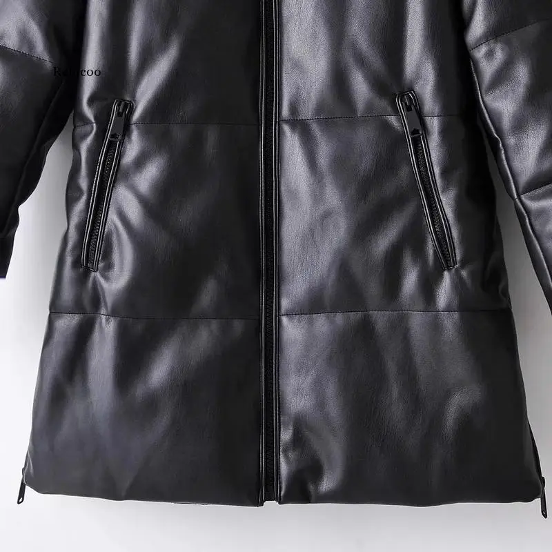 Solid Pu Leather Cotton Jacket Hooded Women\'s Fashion Leather Long Coats Ladies Waterproof Thick Jackets Female Winter