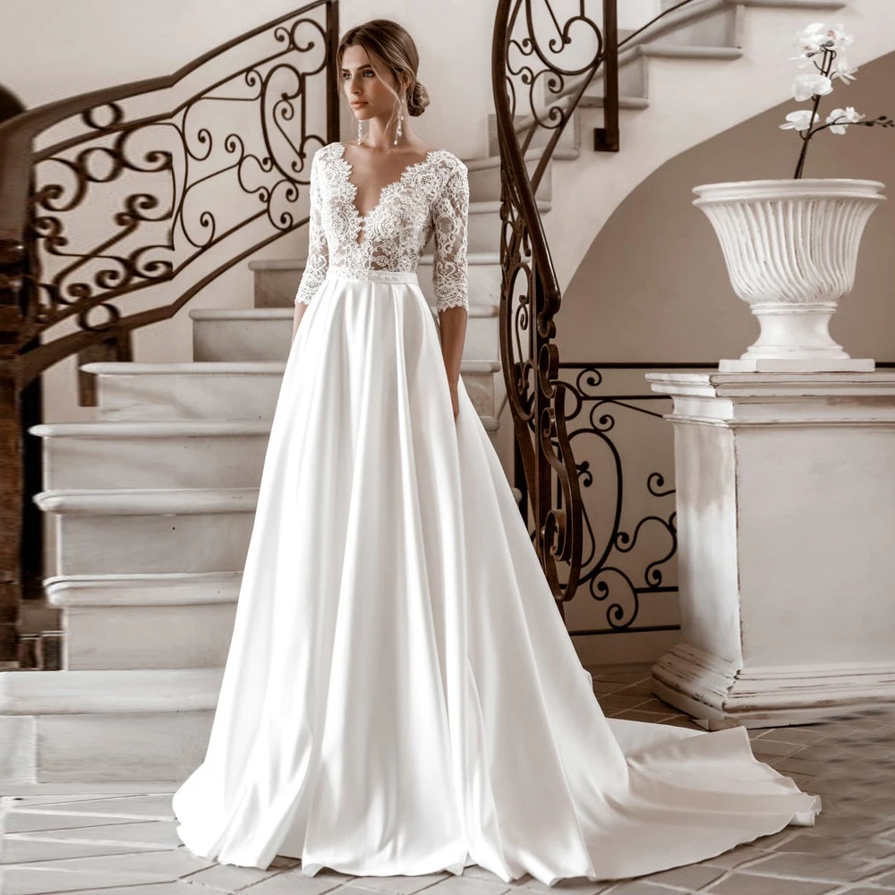 Abiti da sposa eleganti in pizzo a maniche lunghe scollo a v in raso A-Line 2020 vestido de novia abito da sposa autunno nuovo Vintage semplice