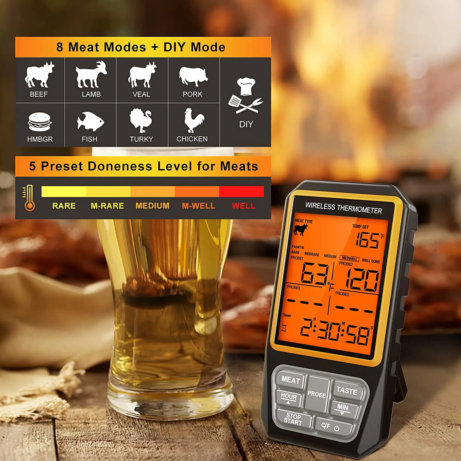 328ft Wireless Meat Thermometer for Grilling Smoker BBQ Oven Digital Food Kitchen Thermometer with 4 Probes Timer Alarm Gift New