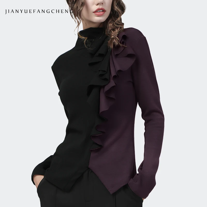 Women' Elegant Ruffles Long Sleeve Purple Black Contrast Color Sweatshirt Slim Stretch Stand-Up Collar Casual Knitted Shirt