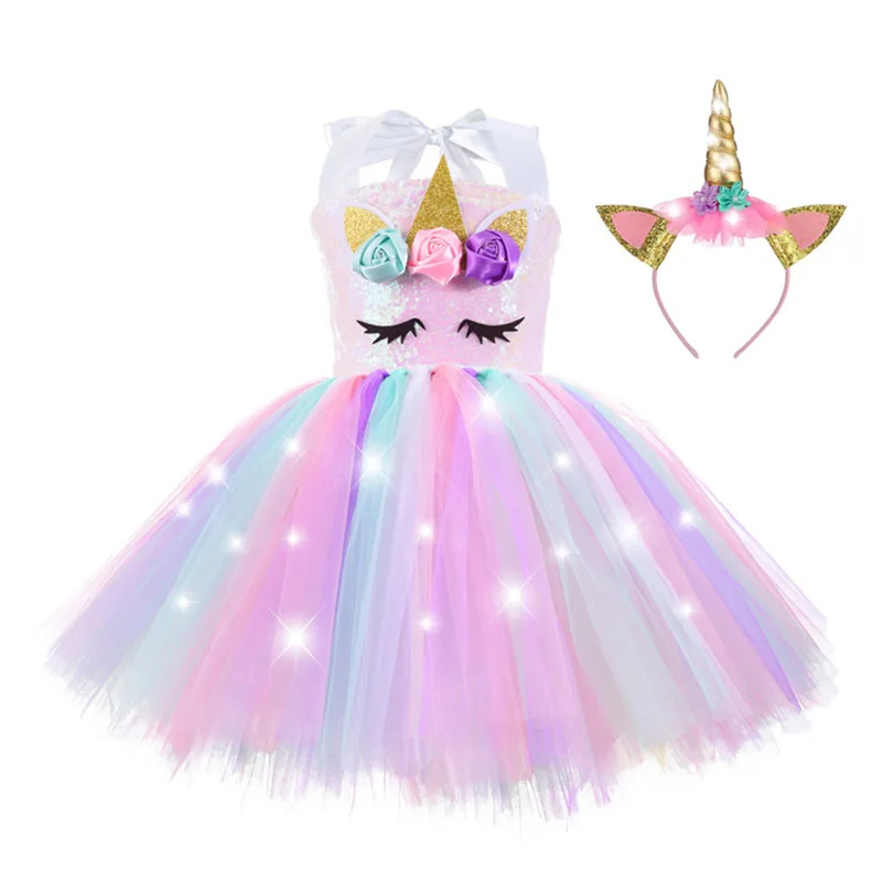 Girl Unicorn Dresses for Girls Tutu Princess Party Dresses with LED Lights Flower Birthday Party Cosplay Costume Girls Clothing