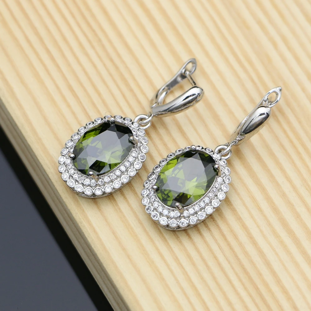 Earrings With Olive Green Stone 925 Sterling Silver Jewelry CZ For Bridal Decoration Earrings Set Dropshipping