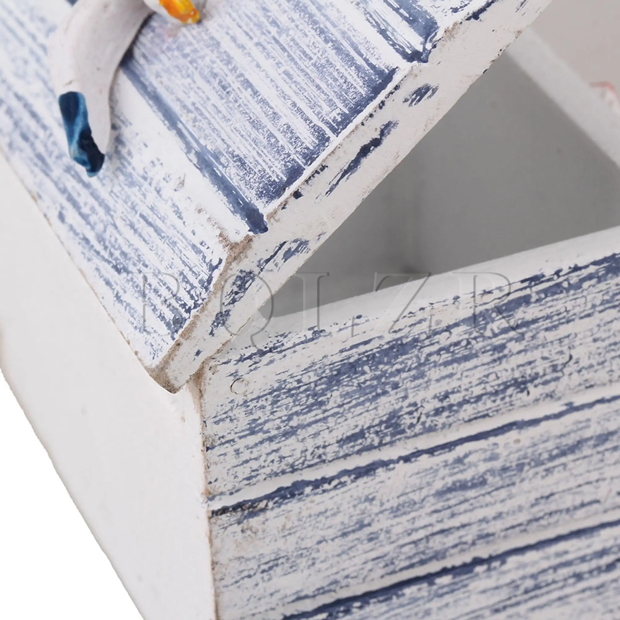 Caja de almacenamiento de colección de madera azul y blanca con temática de playa