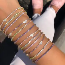 Pastel Color CZ Heart Charm Tennis Chain Bracelet Fashion Women Valentine's Gift Jewelry