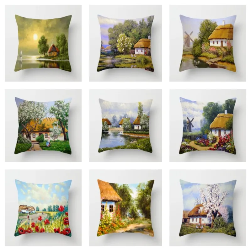 Short Plush Nordic Style Retro Building Pillow Cover 18x18in Provence Pastoral Country Style Sofa Pillow Cases Pillow Cover45x45