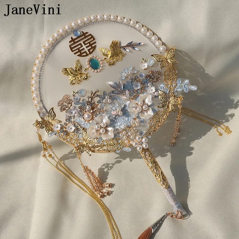 JaneVini Luxury Pearl Blue Bridal Fan Ancient Chinese Style Appliqued Gold Beaded Crystal Bride Fan Wedding Bouquets Flowers