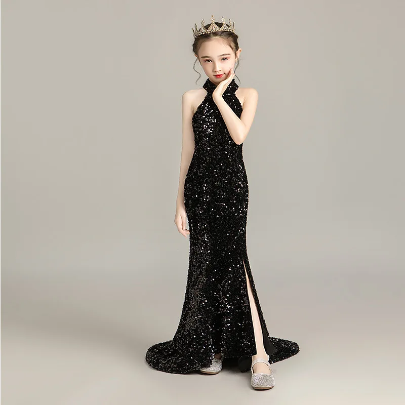 Girl Evening Dress Elegant Shiny Sequins Children Dresses Split Sleeveless Ceremony Dress Evening Dress Girl 12 14 Years Child