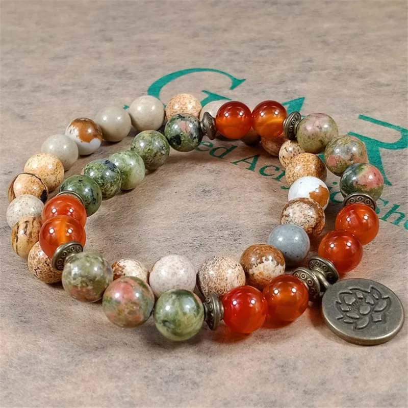 Charm Stone Wrist Mala Healing Crystal Lotus OM J-asper Bracelet Sets For Men Women Medetation Yoga Bead Carnelian Bracelet 2 pc view 2