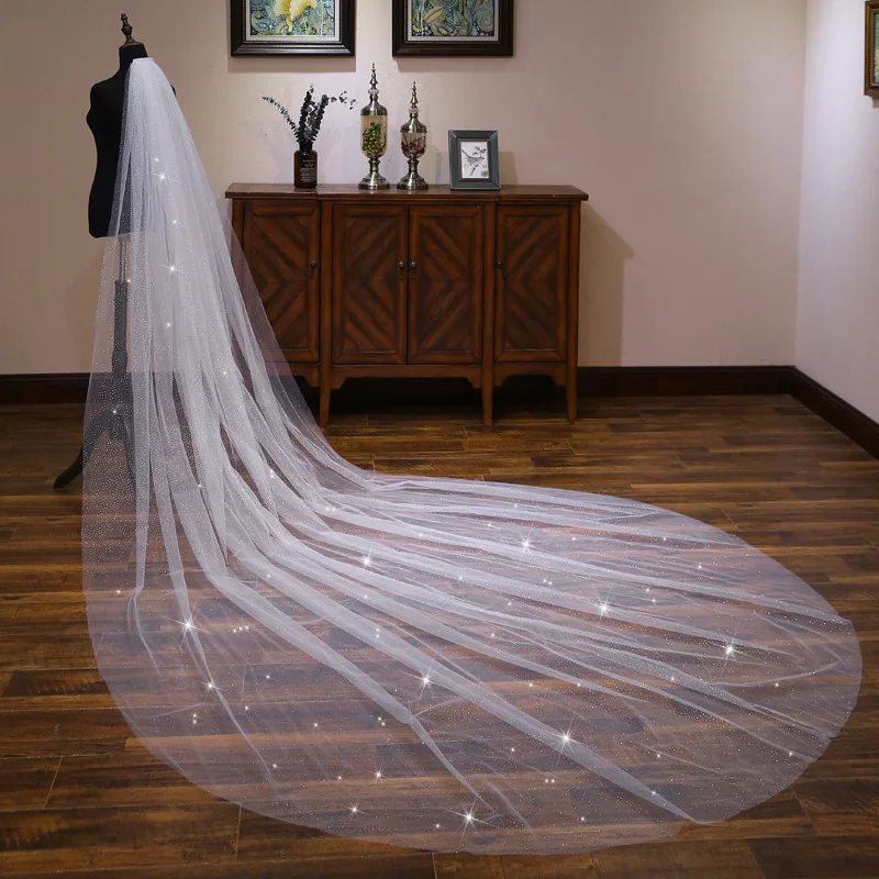 New Arrival Ivory Champagne Sequine Lace Bridal Veils 3 Meter Long wedding accessories with Comb Voile mariage Veu de noiva