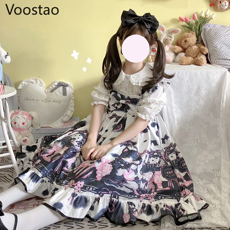 Abito Jsk dolce stile giapponese Lolita donna Kawaii Cow Cat Bow senza maniche Tea Party Dresses Girls Gothic Cute Princess Dress