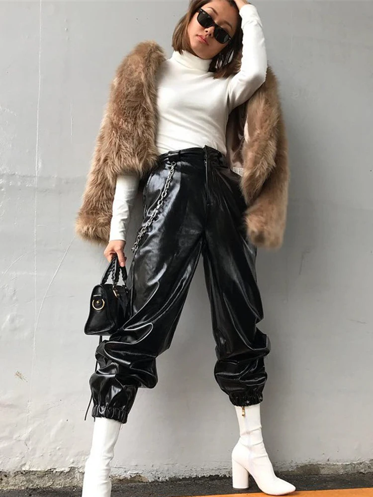 

PU Leather Cargo Pants Women Spring 2022 Gothic Punk Style Chain High Waist Loose Hip Pop Pants Casual Black Female Long Tourses