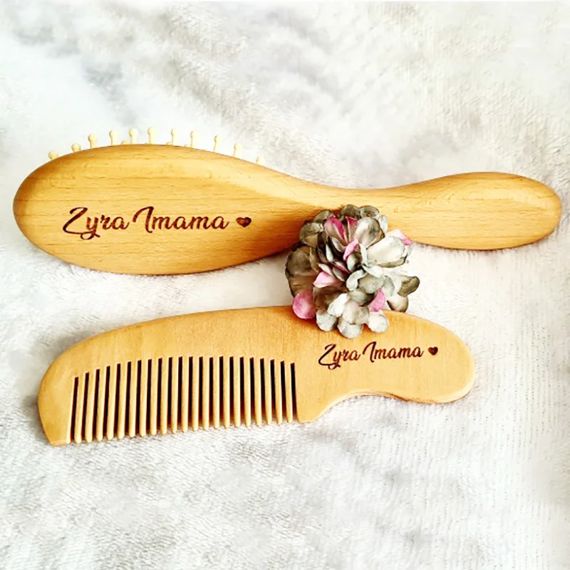 Customized Baby Shower Comb, Customized Laser,Pure Natural Wool, Wood Hairbrush, Newborn Massager and Archives Gift, Baby Shower