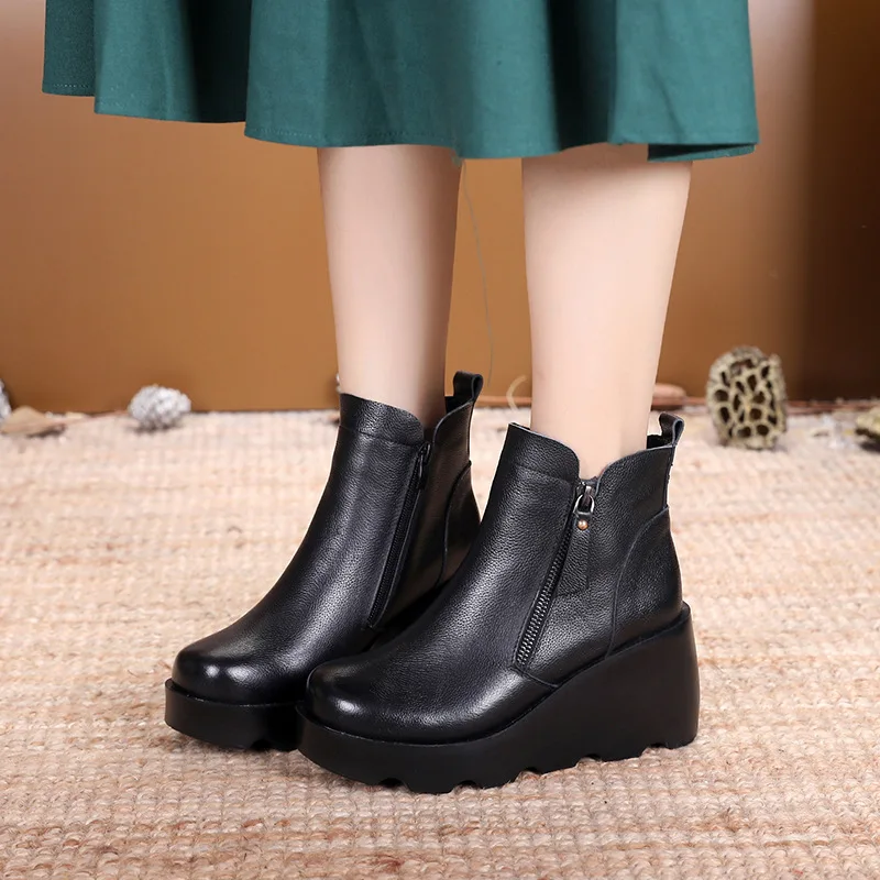 Xiuteng  Short Boots Female National Style Retro Women\'s Boots 2022 Winter New Leather Boots Wedge With Thick Sole Flat Shoe