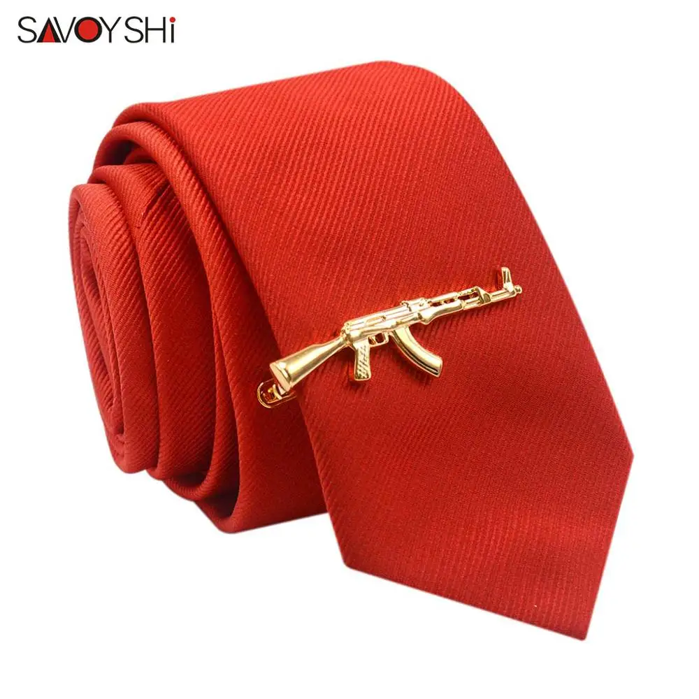 SAVOYSHI Quality Gold-color AK-47 Gun Tie Clips for Mens Necktie Clamp Clasp Accessories Gift Brand Jewelry Free carving name