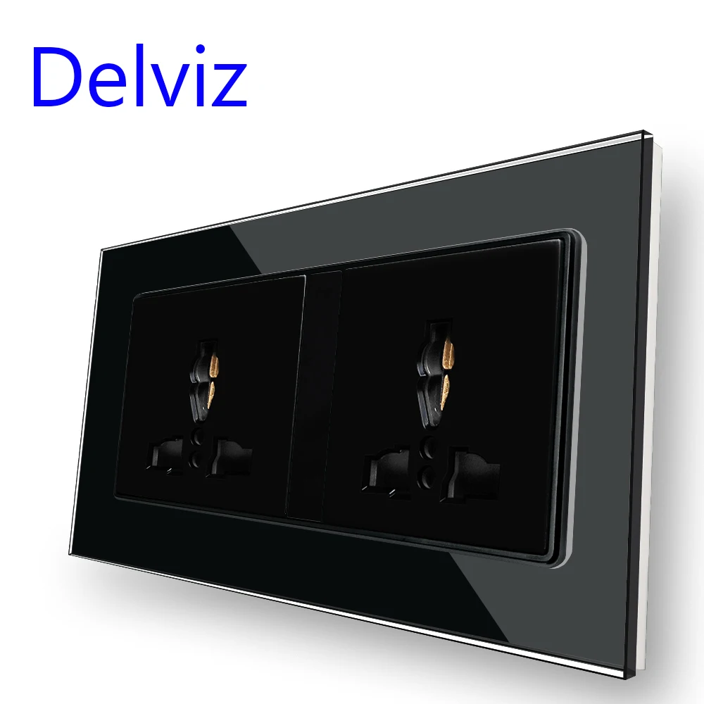 Delviz Tempered Glass Socket, 146mm*86mm double jacks Rectangular Outlet, AC 110V~250V, Wall Embedded 16A Universal power socket