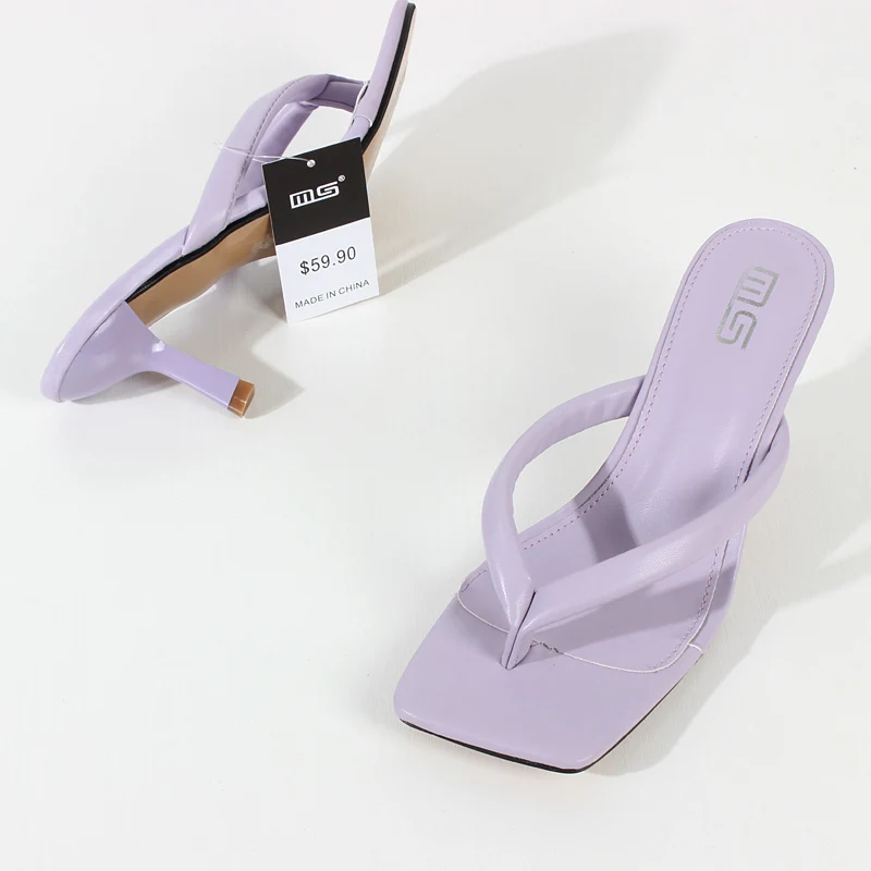 Scarpe da donna Infradito 2024 Estate Nuova Viola PU Confortevole tessuto morbido Tacco alto Sandali e pantofole moda esterna 6,5 cm