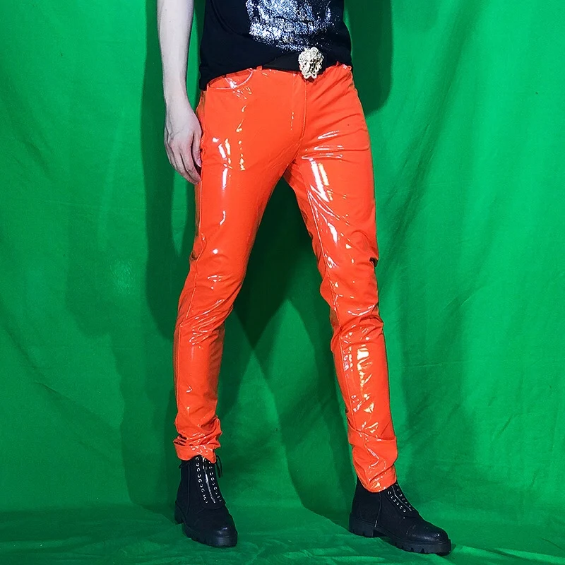 Lente Herfst Heren PU Leren Broek Fluorescerend Groen Motorfiets Leren Broek Tij Zanger Rock Hip Hop Stadium Kleding