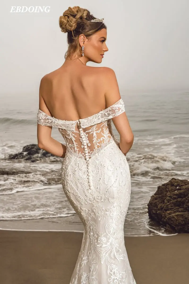 Vestido De Novia De sirena para Novia, escote en V profundo, IIIusion con apliques De encaje, hombros descubiertos, tallas grandes