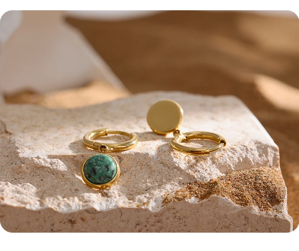Yhpup Creolen aus Edelstahl, grüner Naturstein, neuer goldener geometrischer Charm-Schmuck aus Metall, Freude, Acero Inoxidable Mujer – Detail 7