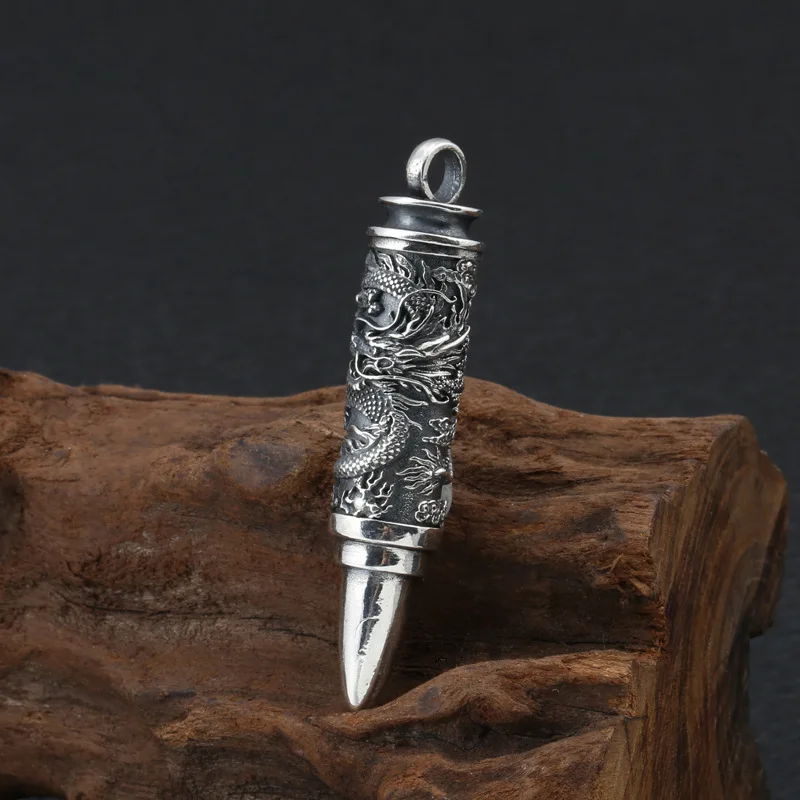 S925 Sterling Silver Vintage Thaisilver Ancient Bullet Stoage  Jewelry Dragon Engrave Memorial Pendant Holder Ash Urn Necklace