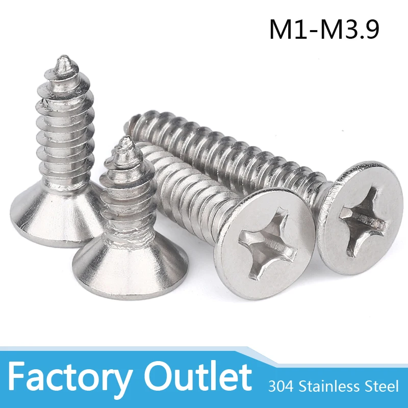 50pcs M1 M1.2 M1.4 M1.7 M2 M2.6 M3 M3.5 M4 Mini 304 stainless steel Cross Phillips Flat Countersunk Head Self-tapping Wood Screw