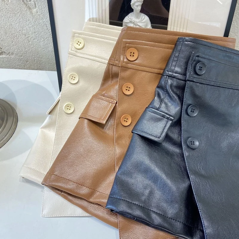 Fashion New Girl PU Leather Skirt Shorts Infant Toddler Child Button Irregular Short Wide Leg Brown Black White Baby Clothes1-7Y