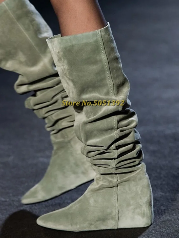 Slouchy Knee High Boots Suede Wedges Height Increase Slip On Winter Boots Outfit Pointed Toe Comfy Winter Boots Pleated Ladies