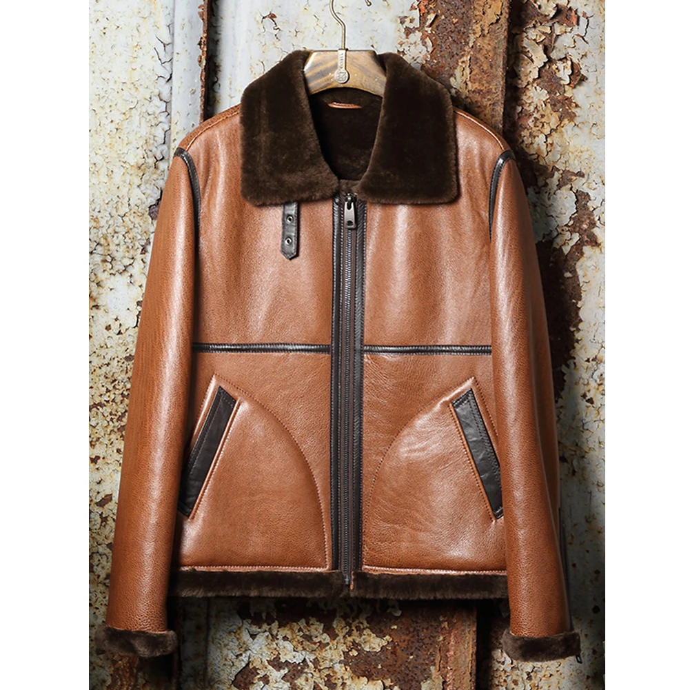Denny&Dora New Mens Brown B3 Sheepskin Shearling Jacket Short Leather   Jacket Mens Fur Coat Bomber Jacket Short Winter Coats