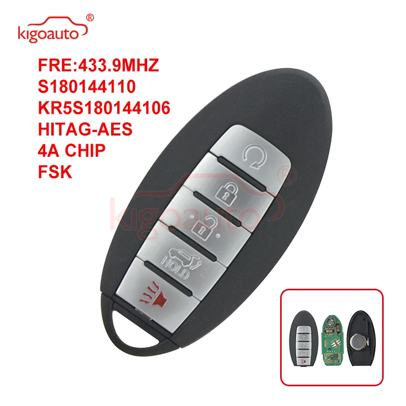 Kigoauto S180144110 Smart Car Key 5 Button 433.9MHZ FSK HITAG-AES 4A CHIP For Nissan Rogue 2017 2018 KR5S180144106 285E3-6FL7B