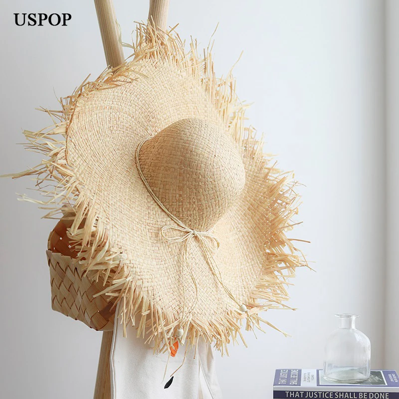 USPOP New summer hats women raffia sun hats fashion rough edges straw hats bow super wide brim beach hats