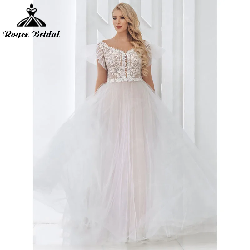 Elegant สายสีชมพูชุดแต่งงานพลัสขนาดลูกไม้ไข่มุกสั้น Flare แขน Sweep Train ชุดเจ้าสาว Vestido Roycebridal