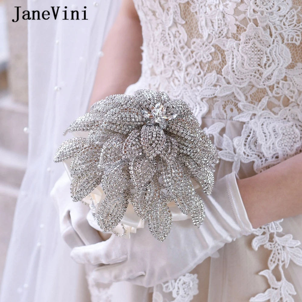 

JaneVini Silver Crystal Wedding Bouquets Bride Flowers Handmade 2020 Luxury Bridal Bouquet Rhinestone Wedding Brooch Accessories