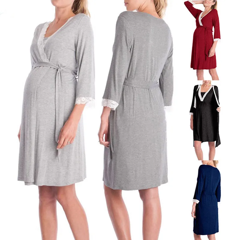 

Europe and the United States sell like hot cakes 2021 lace stitching 7 minutes of sleeve pajamas maternity dress robes